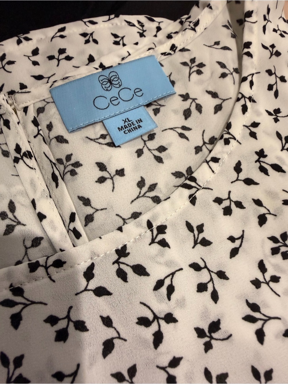 CeCe White Short Sleeve Blouse with Black Floral Motif - Picture 5 of 6